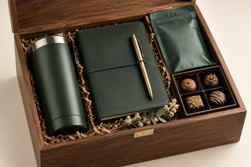 Caja corporativa de madera con café, chocolate, libreta y vaso térmico